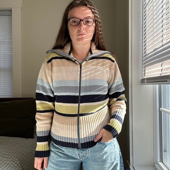 Sweaters - Vintage Cotton Striped Zip Up Sweater
